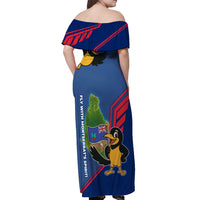 Montserrat Off Shoulder Maxi Dress with Cartoon Bird and Island Map Blue Red Stripe Design - Wonder Print Shop