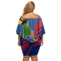 Montserrat Off Shoulder Short Dress with Cartoon Bird and Island Map Blue Red Stripe Design - Wonder Print Shop