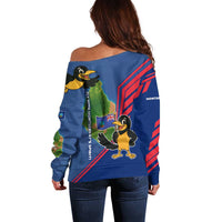 Montserrat Off Shoulder Sweater with Cartoon Bird and Island Map Blue Red Stripe Design - Wonder Print Shop