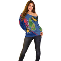Montserrat Off Shoulder Sweater with Cartoon Bird and Island Map Blue Red Stripe Design - Wonder Print Shop