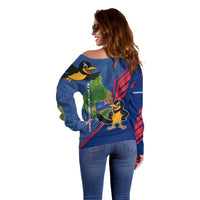 Montserrat Off Shoulder Sweater with Cartoon Bird and Island Map Blue Red Stripe Design - Wonder Print Shop