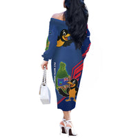 Montserrat Off The Shoulder Long Sleeve Dress with Cartoon Bird and Island Map Blue Red Stripe Design - Wonder Print Shop