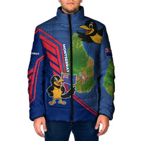 Montserrat Padded Jacket with Cartoon Bird and Island Map Blue Red Stripe Design - Wonder Print Shop