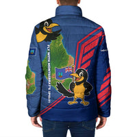 Montserrat Padded Jacket with Cartoon Bird and Island Map Blue Red Stripe Design - Wonder Print Shop