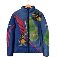 Montserrat Padded Jacket with Cartoon Bird and Island Map Blue Red Stripe Design - Wonder Print Shop