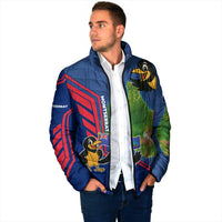 Montserrat Padded Jacket with Cartoon Bird and Island Map Blue Red Stripe Design - Wonder Print Shop