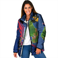 Montserrat Padded Jacket with Cartoon Bird and Island Map Blue Red Stripe Design - Wonder Print Shop
