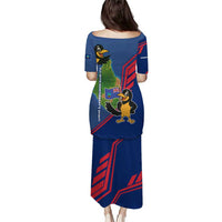 Montserrat Puletasi with Cartoon Bird and Island Map Blue Red Stripe Design - Wonder Print Shop