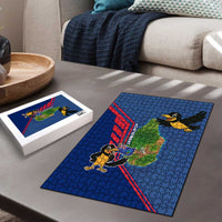 Montserrat Puzzle with Cartoon Bird and Island Map Blue Red Stripe Design - Wonder Print Shop