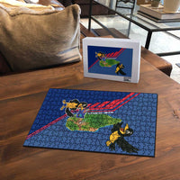 Montserrat Puzzle with Cartoon Bird and Island Map Blue Red Stripe Design - Wonder Print Shop