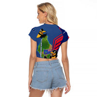 Montserrat Raglan Cropped T Shirt with Cartoon Bird and Island Map Blue Red Stripe Design - Wonder Print Shop