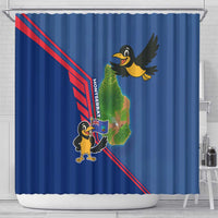 Montserrat Shower Curtain with Cartoon Bird and Island Map Blue Red Stripe Design - Wonder Print Shop