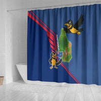 Montserrat Shower Curtain with Cartoon Bird and Island Map Blue Red Stripe Design - Wonder Print Shop