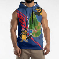 Montserrat Sleeveless Hoodie with Cartoon Bird and Island Map Blue Red Stripe Design - Wonder Print Shop