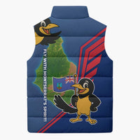 Montserrat Sleeveless Puffer Jacket with Cartoon Bird and Island Map Blue Red Stripe Design - Wonder Print Shop