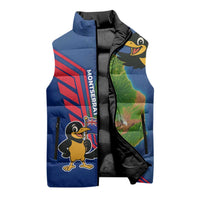 Montserrat Sleeveless Puffer Jacket with Cartoon Bird and Island Map Blue Red Stripe Design - Wonder Print Shop