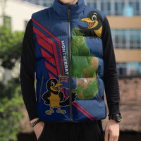 Montserrat Sleeveless Puffer Jacket with Cartoon Bird and Island Map Blue Red Stripe Design - Wonder Print Shop