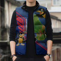 Montserrat Sleeveless Puffer Jacket with Cartoon Bird and Island Map Blue Red Stripe Design - Wonder Print Shop