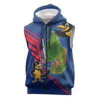 Montserrat Sleeveless Zip Hoodie with Cartoon Bird and Island Map Blue Red Stripe Design - Wonder Print Shop