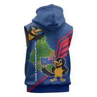 Montserrat Sleeveless Zip Hoodie with Cartoon Bird and Island Map Blue Red Stripe Design - Wonder Print Shop