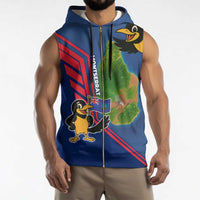 Montserrat Sleeveless Zip Hoodie with Cartoon Bird and Island Map Blue Red Stripe Design - Wonder Print Shop