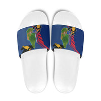 Montserrat Slide Sandals with Cartoon Bird and Island Map Blue Red Stripe Design - Wonder Print Shop