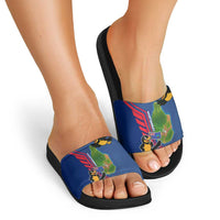 Montserrat Slide Sandals with Cartoon Bird and Island Map Blue Red Stripe Design - Wonder Print Shop