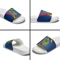 Montserrat Slide Sandals with Cartoon Bird and Island Map Blue Red Stripe Design - Wonder Print Shop