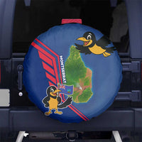 Montserrat Spare Tire Cover with Cartoon Bird and Island Map Blue Red Stripe Design - Wonder Print Shop