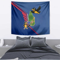 Montserrat Tapestry with Cartoon Bird and Island Map Blue Red Stripe Design - Wonder Print Shop