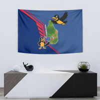 Montserrat Tapestry with Cartoon Bird and Island Map Blue Red Stripe Design - Wonder Print Shop