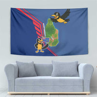 Montserrat Tapestry with Cartoon Bird and Island Map Blue Red Stripe Design - Wonder Print Shop