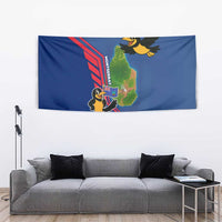 Montserrat Tapestry with Cartoon Bird and Island Map Blue Red Stripe Design - Wonder Print Shop