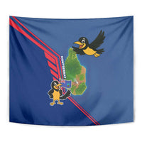Montserrat Tapestry with Cartoon Bird and Island Map Blue Red Stripe Design - Wonder Print Shop