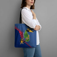 Montserrat Tote Bag with Cartoon Bird and Island Map Blue Red Stripe Design - Wonder Print Shop