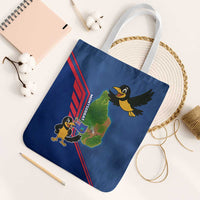 Montserrat Tote Bag with Cartoon Bird and Island Map Blue Red Stripe Design - Wonder Print Shop