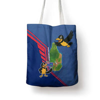 Montserrat Tote Bag with Cartoon Bird and Island Map Blue Red Stripe Design - Wonder Print Shop