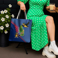 Montserrat Tote Bag with Cartoon Bird and Island Map Blue Red Stripe Design - Wonder Print Shop