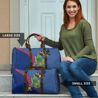 Montserrat Travel Bag with Cartoon Bird and Island Map Blue Red Stripe Design - Wonder Print Shop