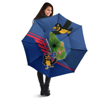 Montserrat Umbrella with Cartoon Bird and Island Map Blue Red Stripe Design - Wonder Print Shop
