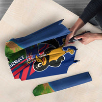 Montserrat Umbrella with Cartoon Bird and Island Map Blue Red Stripe Design - Wonder Print Shop