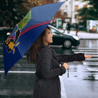 Montserrat Umbrella with Cartoon Bird and Island Map Blue Red Stripe Design - Wonder Print Shop