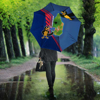 Montserrat Umbrella with Cartoon Bird and Island Map Blue Red Stripe Design - Wonder Print Shop