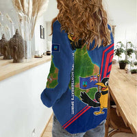 Montserrat Women Casual Shirt with Cartoon Bird and Island Map Blue Red Stripe Design - Wonder Print Shop