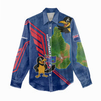 Montserrat Women Casual Shirt with Cartoon Bird and Island Map Blue Red Stripe Design - Wonder Print Shop