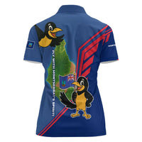 Montserrat Women Polo Shirt with Cartoon Bird and Island Map Blue Red Stripe Design - Wonder Print Shop