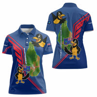 Montserrat Women Polo Shirt with Cartoon Bird and Island Map Blue Red Stripe Design - Wonder Print Shop