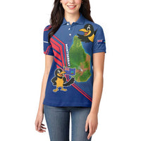 Montserrat Women Polo Shirt with Cartoon Bird and Island Map Blue Red Stripe Design - Wonder Print Shop