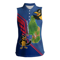 Montserrat Women Sleeveless Polo Shirt with Cartoon Bird and Island Map Blue Red Stripe Design - Wonder Print Shop