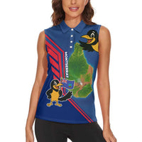 Montserrat Women Sleeveless Polo Shirt with Cartoon Bird and Island Map Blue Red Stripe Design - Wonder Print Shop